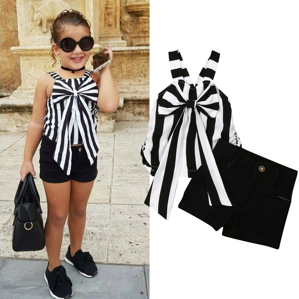 Girls Stripe Top Lace with Black Shorts 2 Piece Set