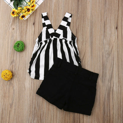 Girls Stripe Top Lace with Black Shorts 2 Piece Set