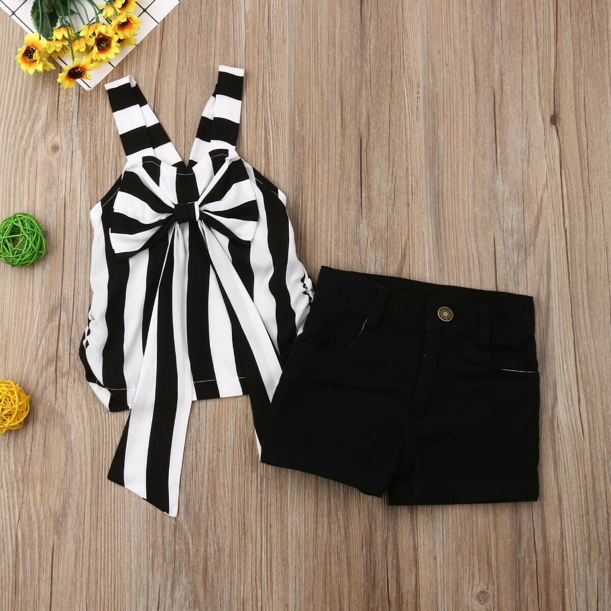 Girls Stripe Top Lace with Black Shorts 2 Piece Set