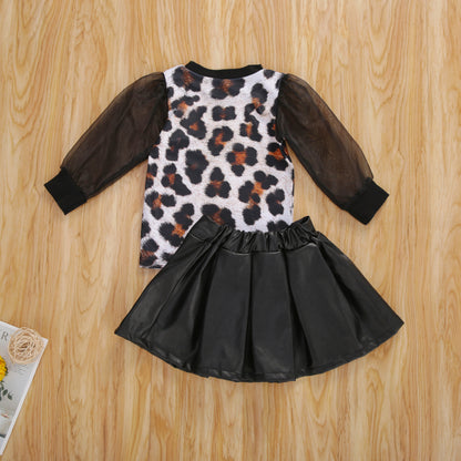 Girls Fashion Leopard Skirt Suit