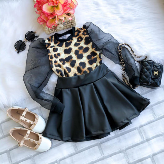 Girls Fashion Leopard Skirt Suit