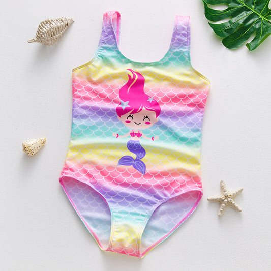 Girls summer swimsuit with mermaid print, vibrant rainbow colors, and non-removable hat for ages 3 months.
