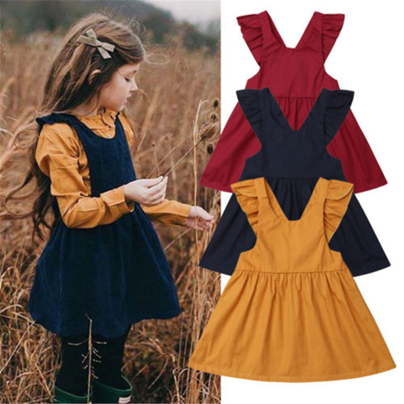 Girls Solid Color Ruffle Shoulder Dress