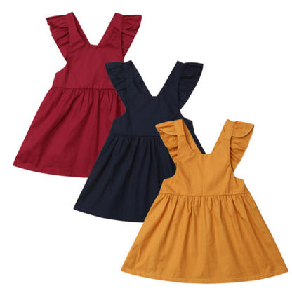 Girls Solid Color Ruffle Shoulder Dress