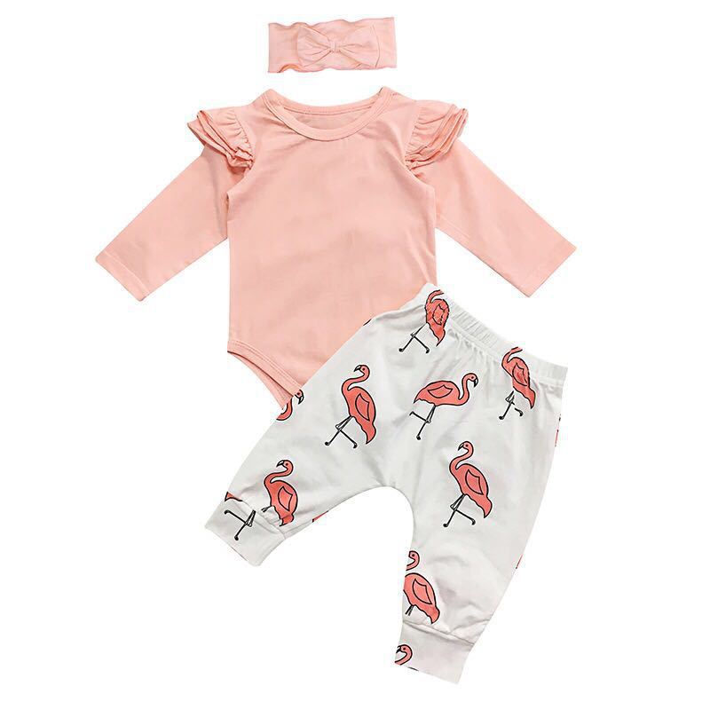 Cute Baby Girl Flamingo Print Leggings Headband 3pcs Infant Set