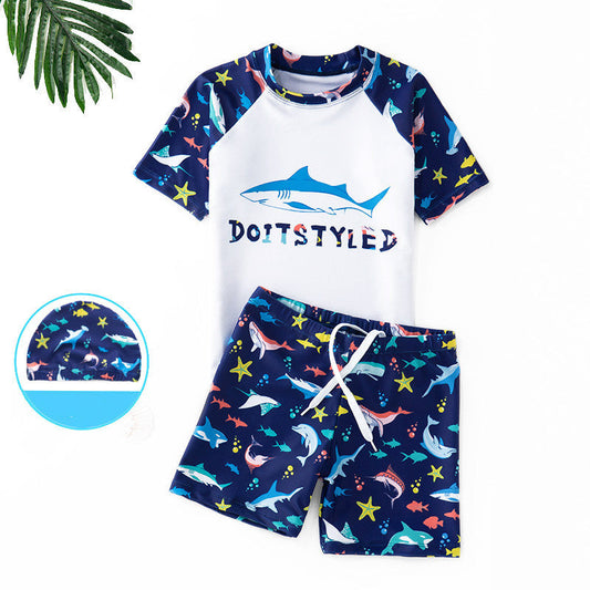 Boys' sea fish-themed swimwear set with shorts and shark design.
