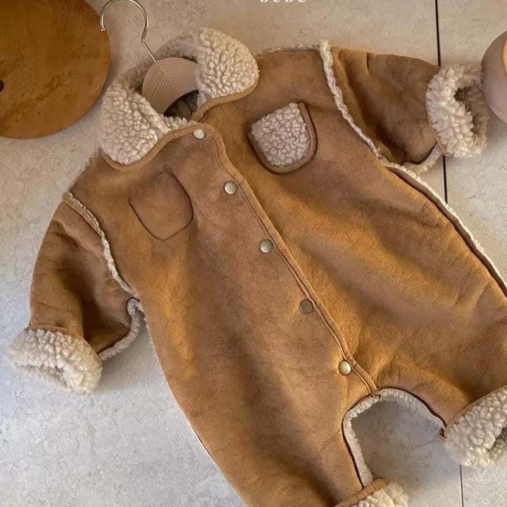 Brown cotton baby plush warm jumpsuit with Korean style and fluffy collar, displayed flat.