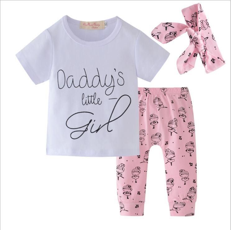 Daddy's Little Girl T-shirt Cartoon Pants with Headband Clothing Set