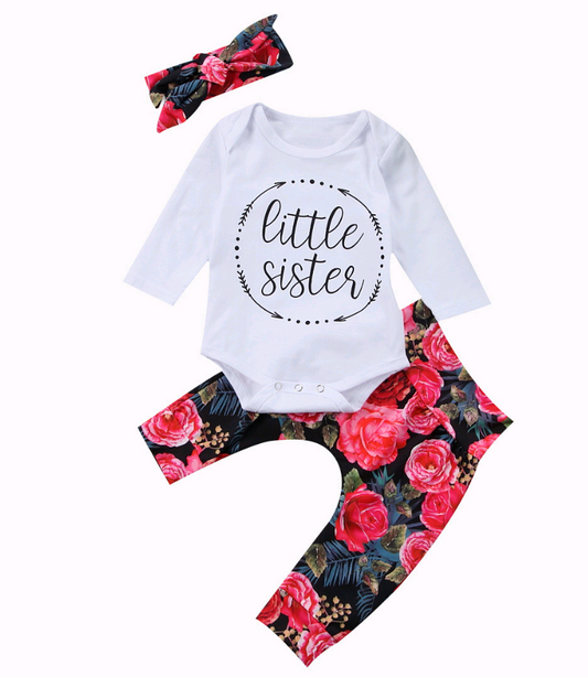 Baby Girls Flower Set Long-sleeved Hair Band Three-piece Suit