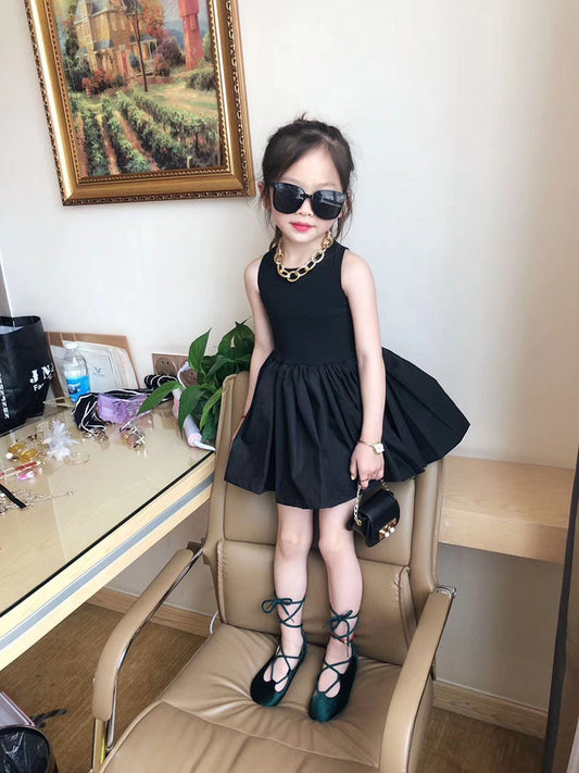 Girls Black Back Cross Puff Skirt Dress