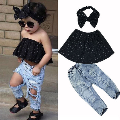 Girls Off Shoulder Polka Dot Top Hole Jeans Pants Headband 3Pcs Set