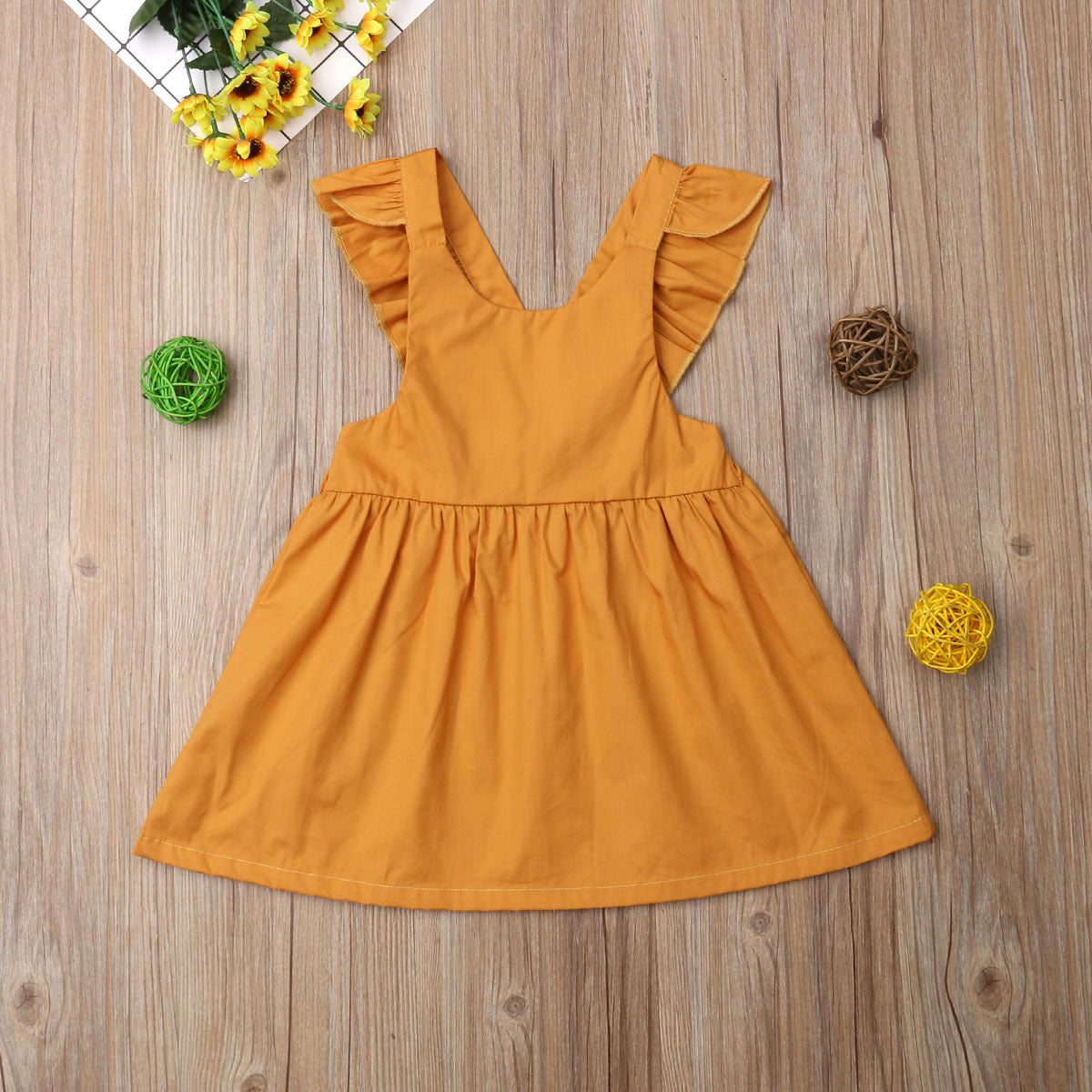 Girls Solid Color Ruffle Shoulder Dress