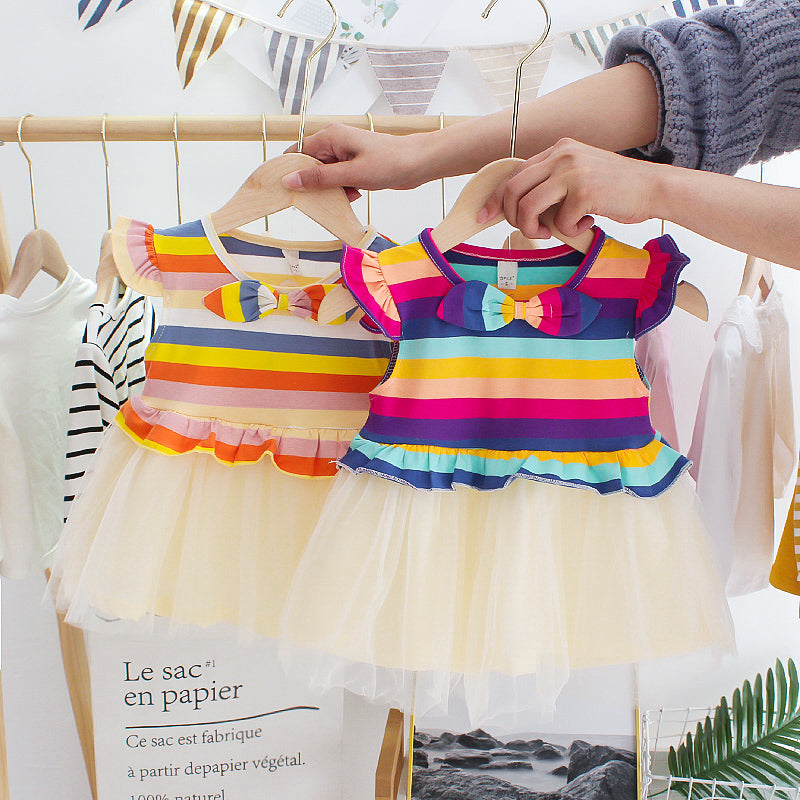 Girls Short-sleeved Rainbow Dress