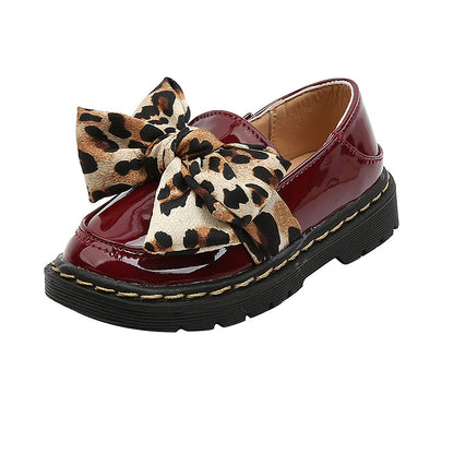 Children's leopard bow leather shoes