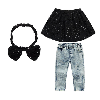 Girls Off Shoulder Polka Dot Top Hole Jeans Pants Headband 3Pcs Set