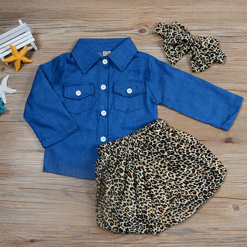 Autumn Denim Long Sleeve Shirt with Leopard Skirt Three piece