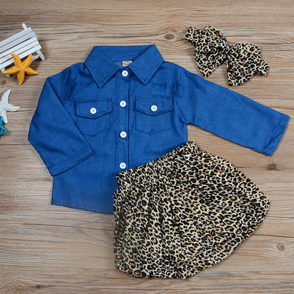 Autumn Denim Long Sleeve Shirt with Leopard Skirt Three piece