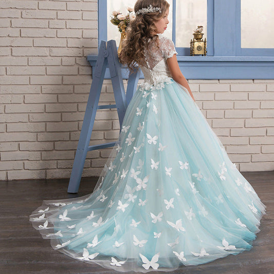 Girls butterfly showroom princess dress with lace, short sleeves, and tail.