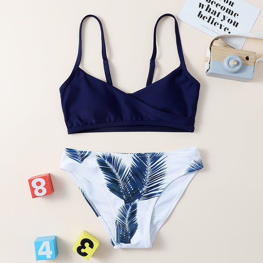 Girls Split Swimwear Leaf Print Fashion Swimsuit