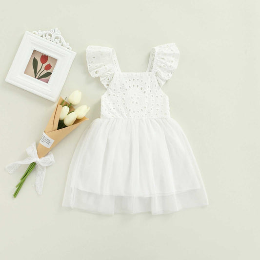 Solid Lace Straps Tulle Patchwork Pattern Girls Dress