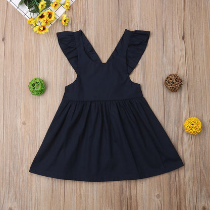 Girls Solid Color Ruffle Shoulder Dress