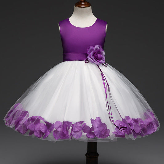 Girls Rose Pedal Skirt Dress with purple floral accents for children.