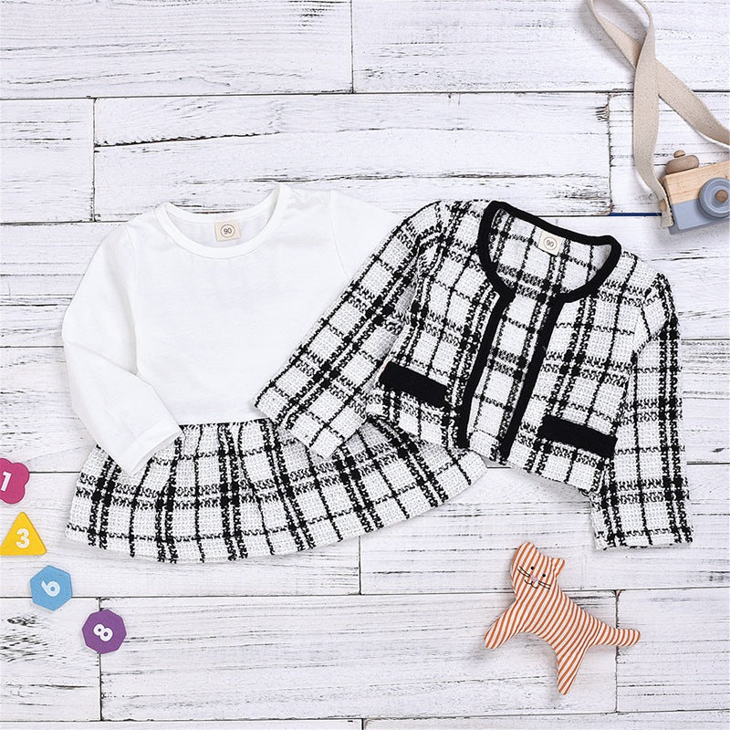 Long-sleeved Dress Two-piece Baby Girl Plaid Suit