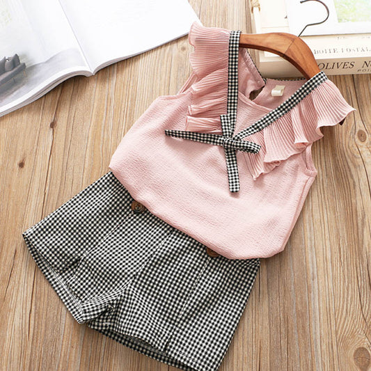 Girls Short Sleeve Casual Shirt And Short Dress Suit