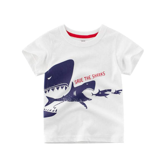 Summer Children's Shark Short Sleeve T-Shirt with shark design and "Save the Sharks" text.