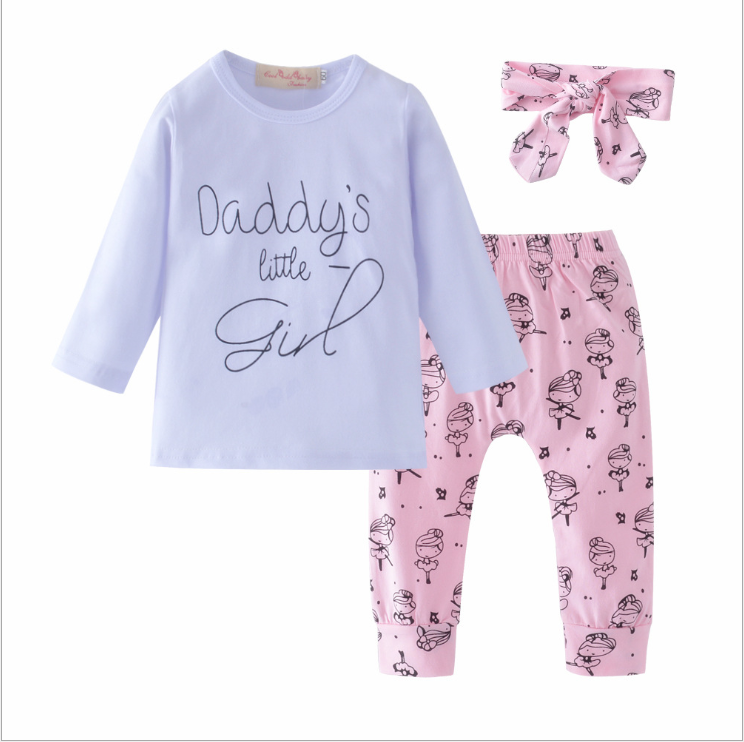 Daddy's Little Girl T-shirt Cartoon Pants with Headband Clothing Set