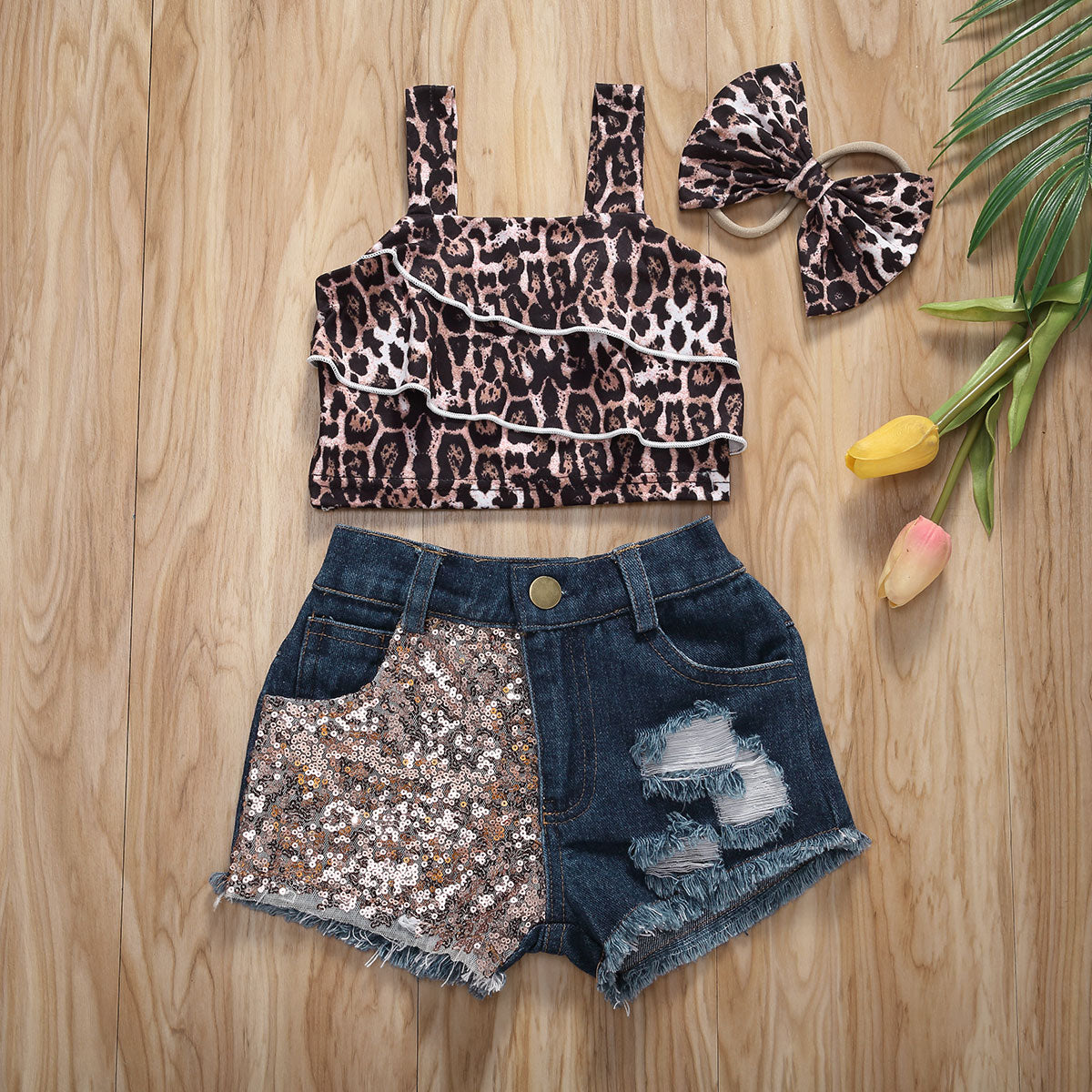 Girls Leopard Short Sleeve Summer 3pc Set