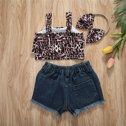 Girls Leopard Short Sleeve Summer 3pc Set