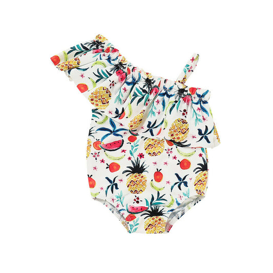 Colorful girls' pineapple fruit swimming suit with one-shoulder design, suitable for ages 12M to 5T.