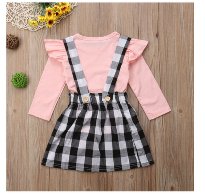 Girls Long-sleeved Solid Color T-shirt Plaid Dress Two-piece Set