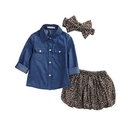 Autumn Denim Long Sleeve Shirt with Leopard Skirt Three piece