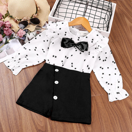 Autumn And Winter Girls Long Sleeve Star Bow top with Skirt