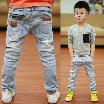 Boys skinny fit harem pants, casual style, denim with stripe pattern.