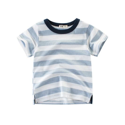 Boys short sleeve striped cotton T-shirt in blue and white.