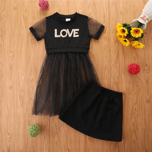 Girls' Black Love Knitted Dress with skirt