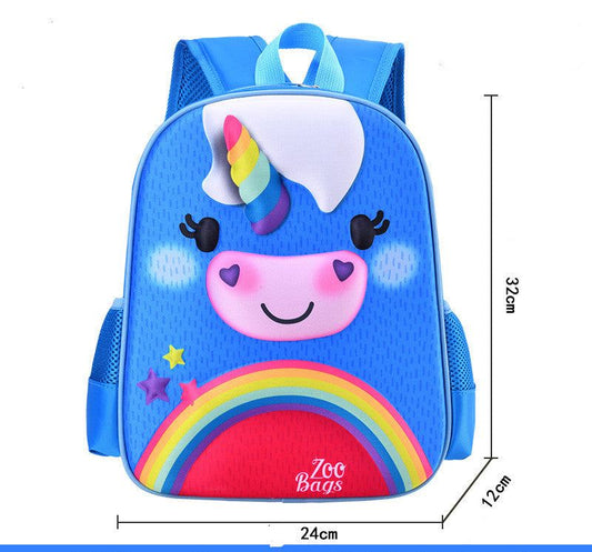 Small nylon backpack for boys and girls with unicorn design, rainbow details, and sandwich zipper bag interior.