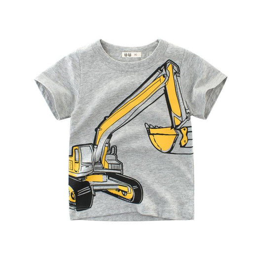 Boys truck T-shirt with cartoon pattern, short sleeves, round neck, cotton fabric.