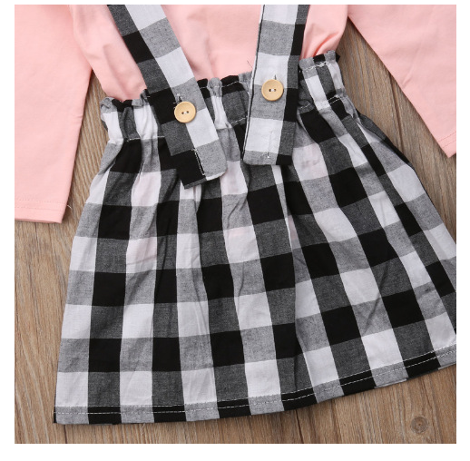 Girls Long-sleeved Solid Color T-shirt Plaid Dress Two-piece Set