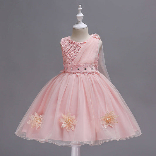 Girls pageant wedding formal dress in pink satin, polyester, and cotton fabric.