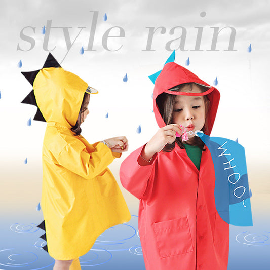 Children wearing dinosaur-themed raincoats in red and yellow colors.