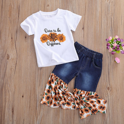 Girls Short Sleeve Dare To Be Different T-Shirt Denim Torch Sunflower Print Pants Set