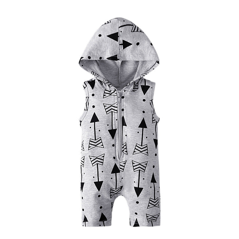 Children's Summer Sleeveless Gray White Arrow Print Hooded Zipper Jumpsuit