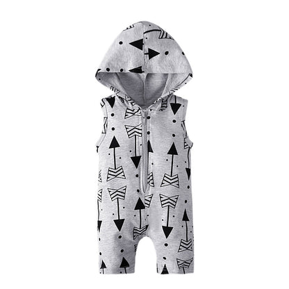 Children's Summer Sleeveless Gray White Arrow Print Hooded Zipper Jumpsuit