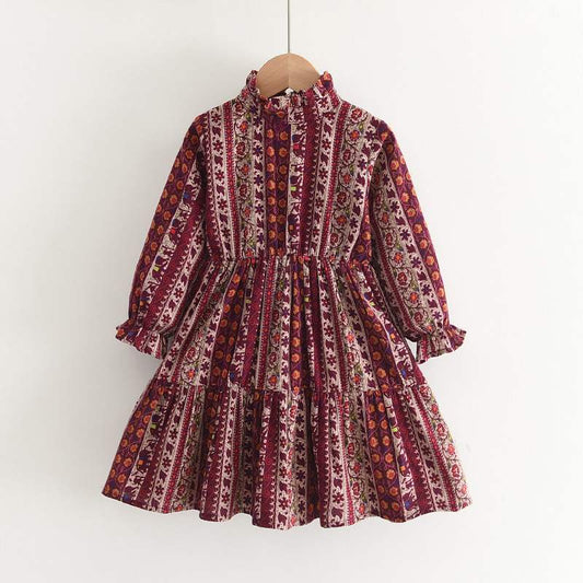 Girls Stand Collar Long Sleeve Dress