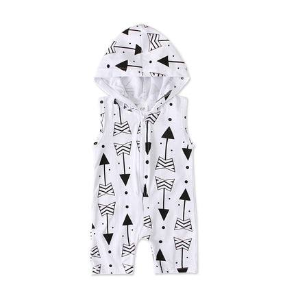 Children's Summer Sleeveless Gray White Arrow Print Hooded Zipper Jumpsuit