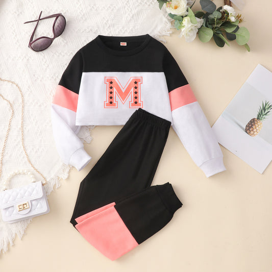 Spring And Autumn Girls Color Matching Casual Sports Suit Set